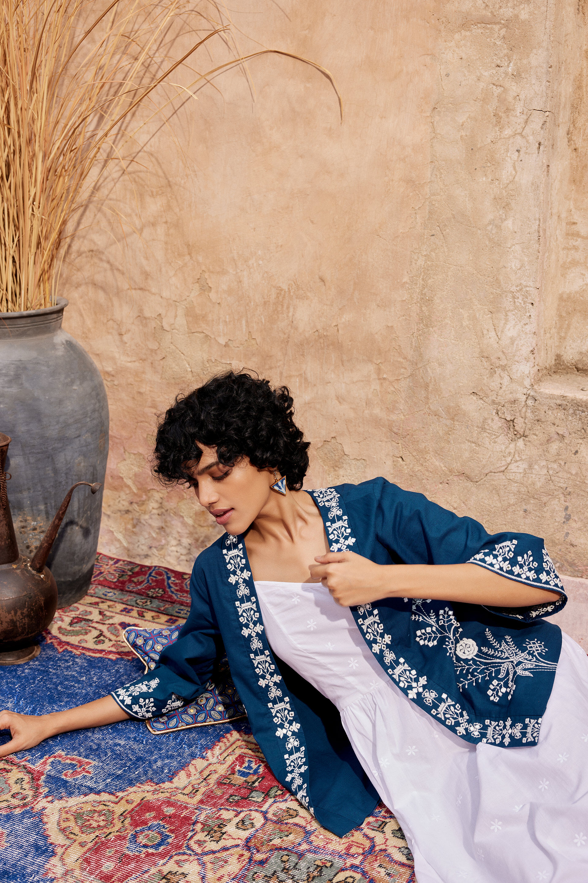 Indigo Blue Embroidered Cotton Jacket, Navy Blue, image 2